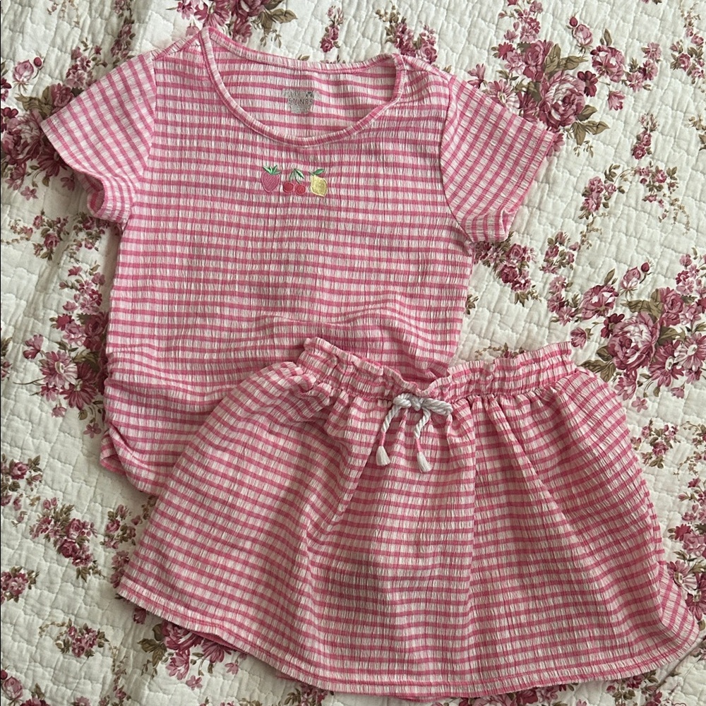 Pink Gingham Two-Piece Girls Outfit - Top & Skirt